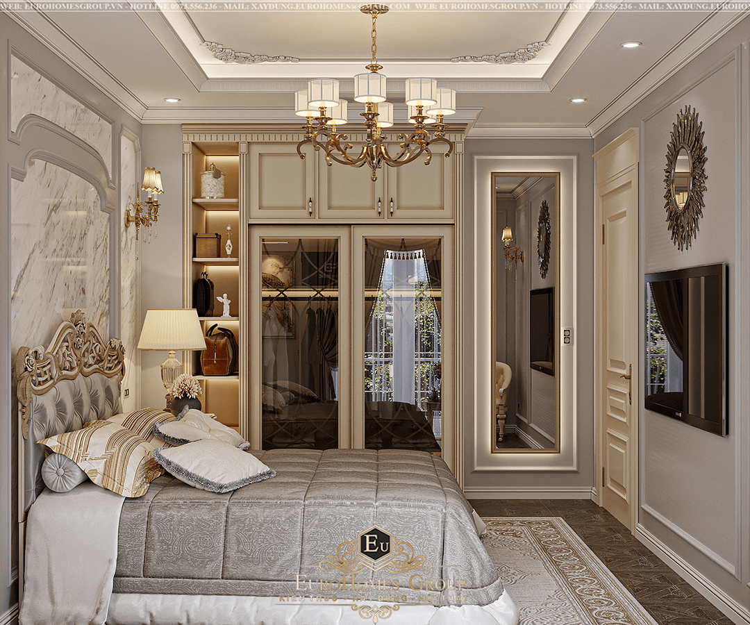 thiết kế nội thất phòng ngủ biệt thự mặt tiền 9m tân cổ điển 