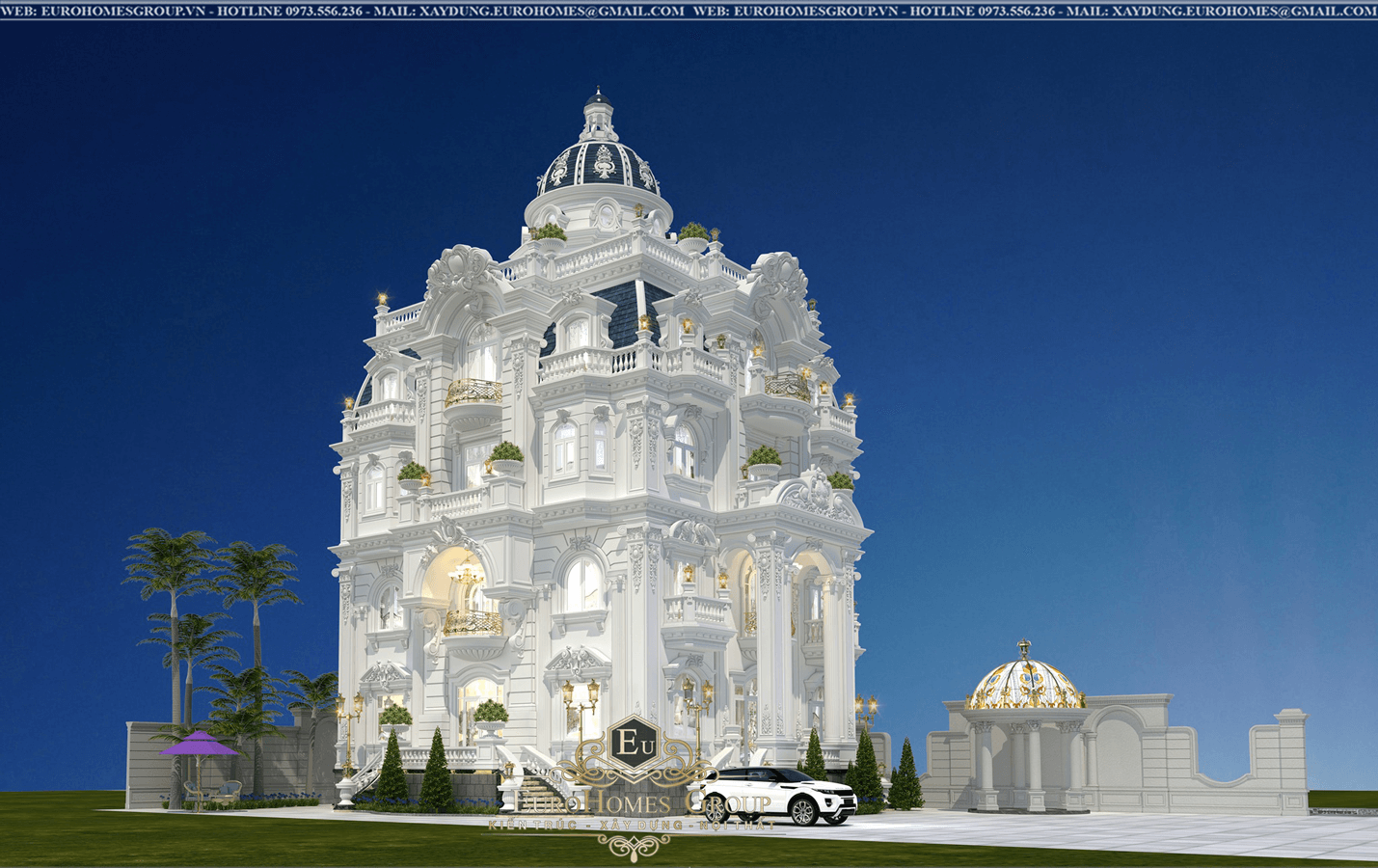 thiết kế biệt thự lâu đài 3 tầng tân cổ điển màu trắng