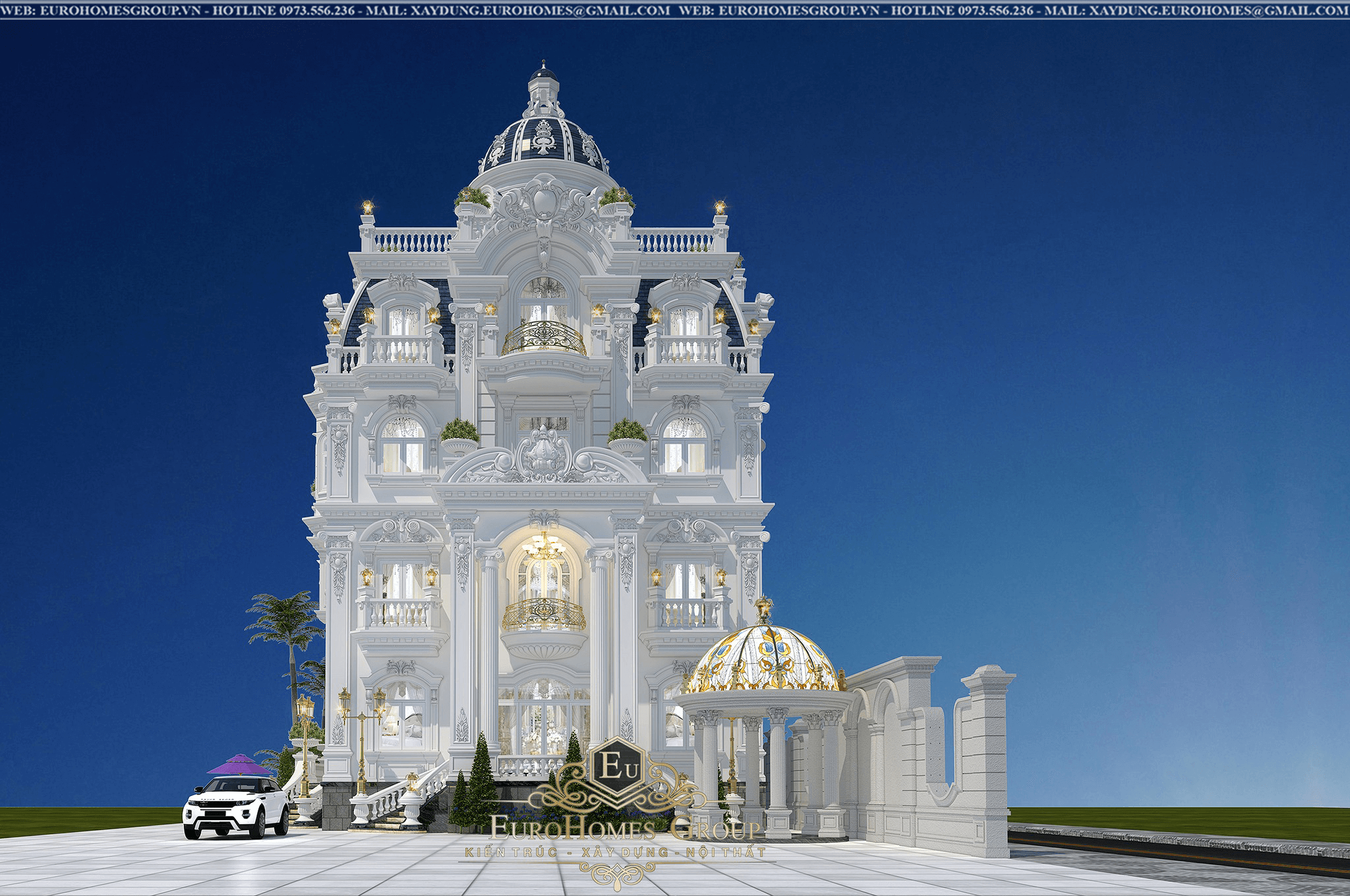 thiết kế biệt thự lâu đài 3 tầng tân cổ điển màu trắng