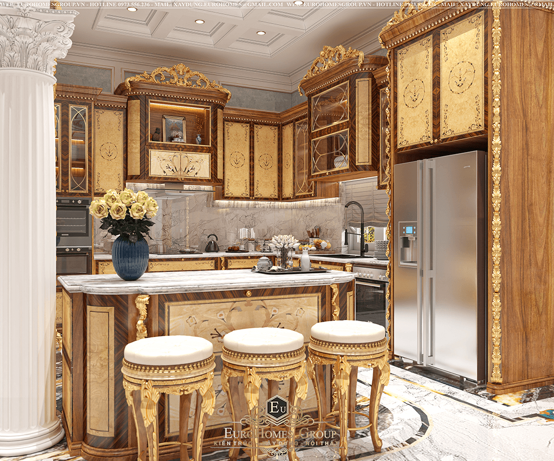 tủ bếp tân cổ điển gỗ gõ đỏ