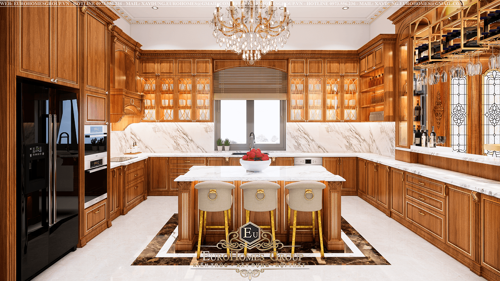 tủ bếp tân cổ điển gỗ gõ đỏ