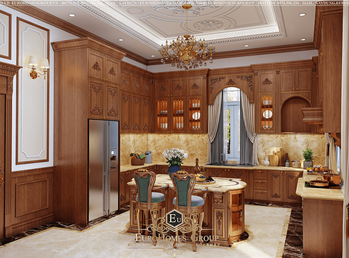 tủ bếp tân cổ điển gỗ gõ đỏ