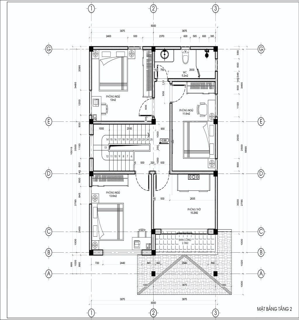 bản vẽ mặt bằng biệt thự mặt tiền ngang 8m 2 tầng