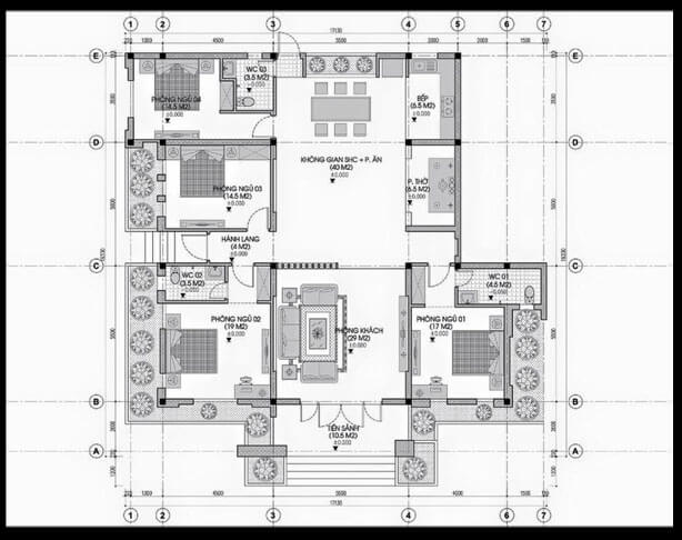 bản vẽ mặt bằng biệt thự vườ 1 tầng tân cổ điển