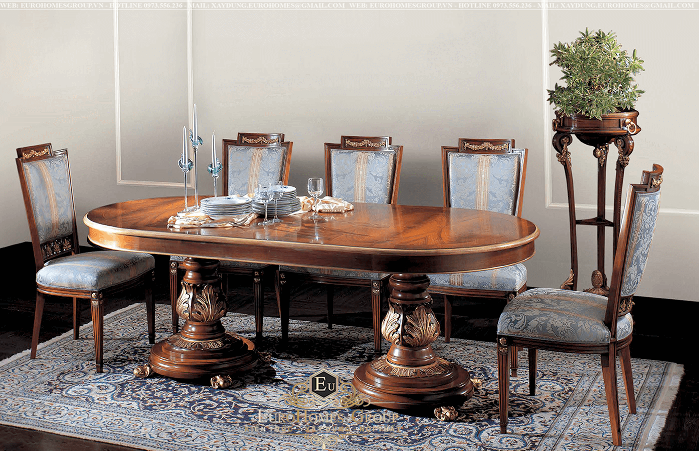 bộ bàn ăn 8 ghế tân cổ điển châu Âu